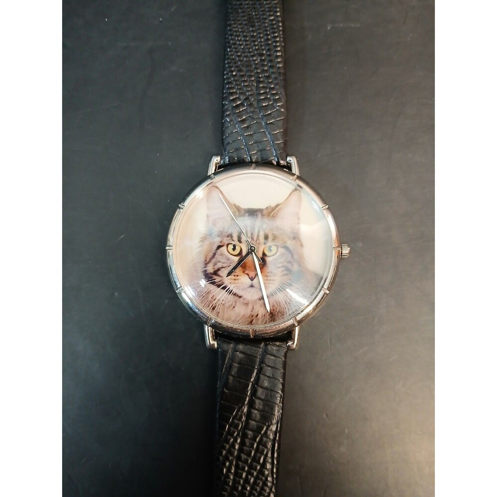 Whimsical Gifts Cat Face Quartz Watch Black Faux Leather Strap Japan Movement